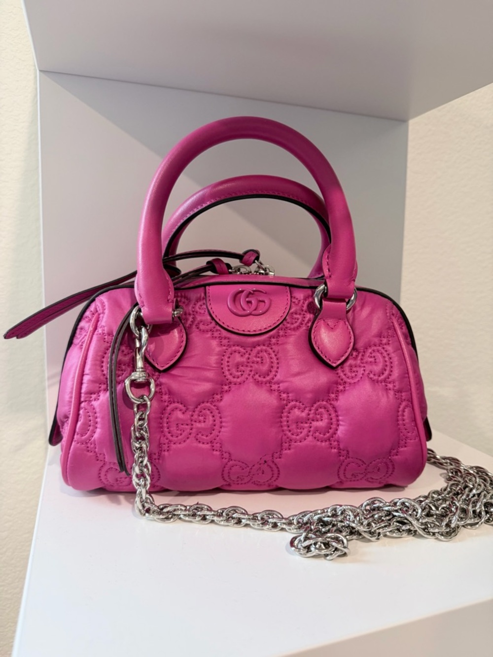 Gucci GG Matelasse Mini Boston 2-Way bag in pink nylon and leather